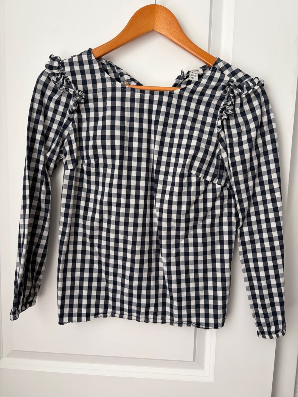 J.Crew Navy Gingham Ruffle Neck Popover Blouse Women's XS